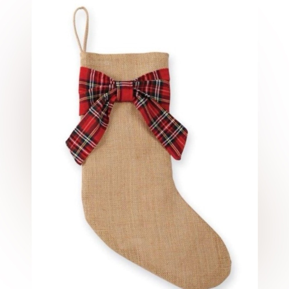 (2) Mud Pie Burlap and Red Tartan Plaid Christmas Stockings - Picture 2 of 7